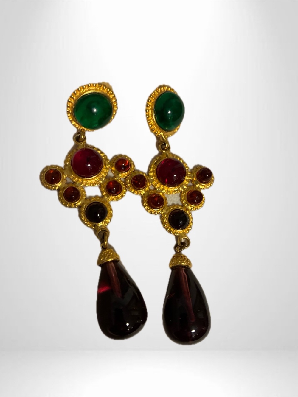 Gold-Tone Green and Red Gem Drop Earrings